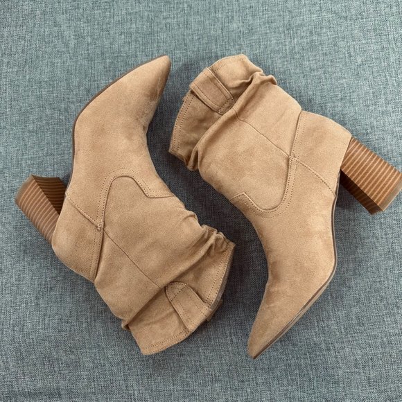 Chunky Block Mid-Calf Boots Pointed Toe Suede Size 7 Brown/ Tan Color Brand New - Picture 13 of 16